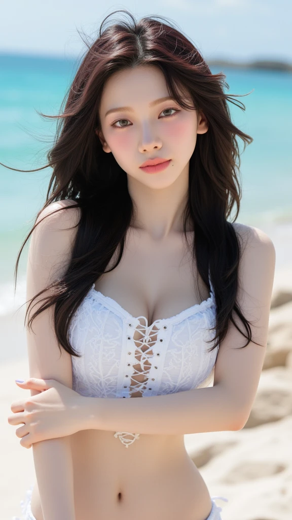 A perfect young female white-collar worker,Chinese,High picture quality,Works of masters,Black hair,Long hair flowing over the shoulders,Beach wave hairstyle,cropped shoulders,clavicle,exquisite face,Hydrated red lips,Real Human,CG rendering,16k,Stand up,Do not show your hands,Close-up shot