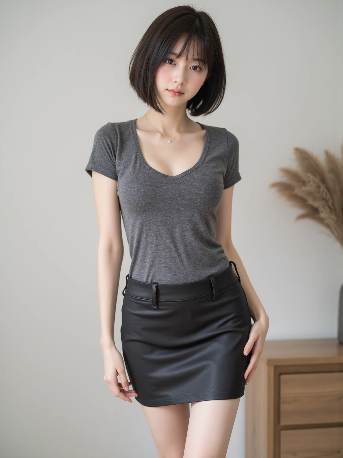 ((High resolution, high resolution, High detail, masterpiece)), Rough skin, Anatomically correct, sharp, White Background ((Japanese Mature, 30 years old)), alone, Shapely large breasts, Straight black hair reaching to the shoulders, Chubby body type, (((Stand upright, from the front)),T-Shirts, skirt,Small nipples