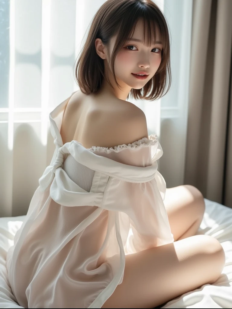 ((of the highest quality, 8K, masutepiece: 1.3, Raw photo)), Sharp Focus: 1.2, (1 AESPA Girl :1.1), Solo, (Realistic, Photorealistic: 1.37), (Face Focus: 1.1), Cute face, hyperdetailed face, short messy hair, Small Smile, small breasts, flat chest, full nude, Off-the-shoulder chiffon dress, lingerie, sitting, thigh, (night, bar: 1.1), flower, iris