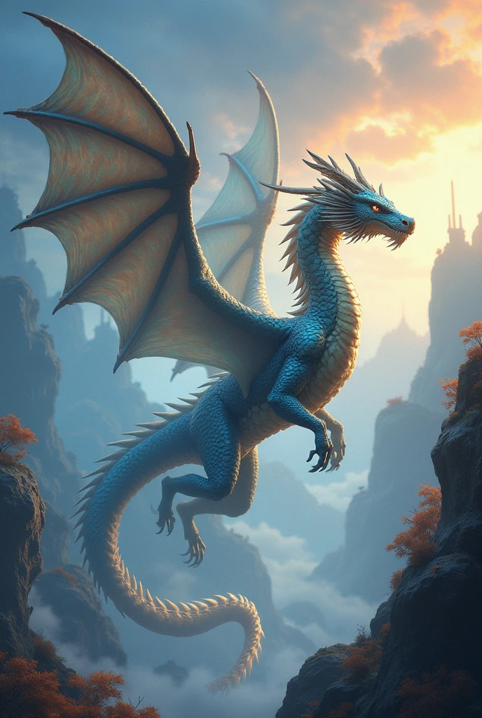 Create a highly detailed and majestic dragon soaring through the sky. The dragon should have shimmering, iridescent scales that reflect various shades of blue and green, giving it a mystical and powerful appearance. Its wings are large and membranous, with veins visible through the translucent material. The dragon’s body is long and serpentine, with sharp, clawed feet and a tail that tapers to a point. The head is adorned with long, curved horns and glowing eyes that exude intelligence and ancient wisdom. The background should depict a dynamic sky with clouds swirling around the dragon, creating a sense of movement and energy.