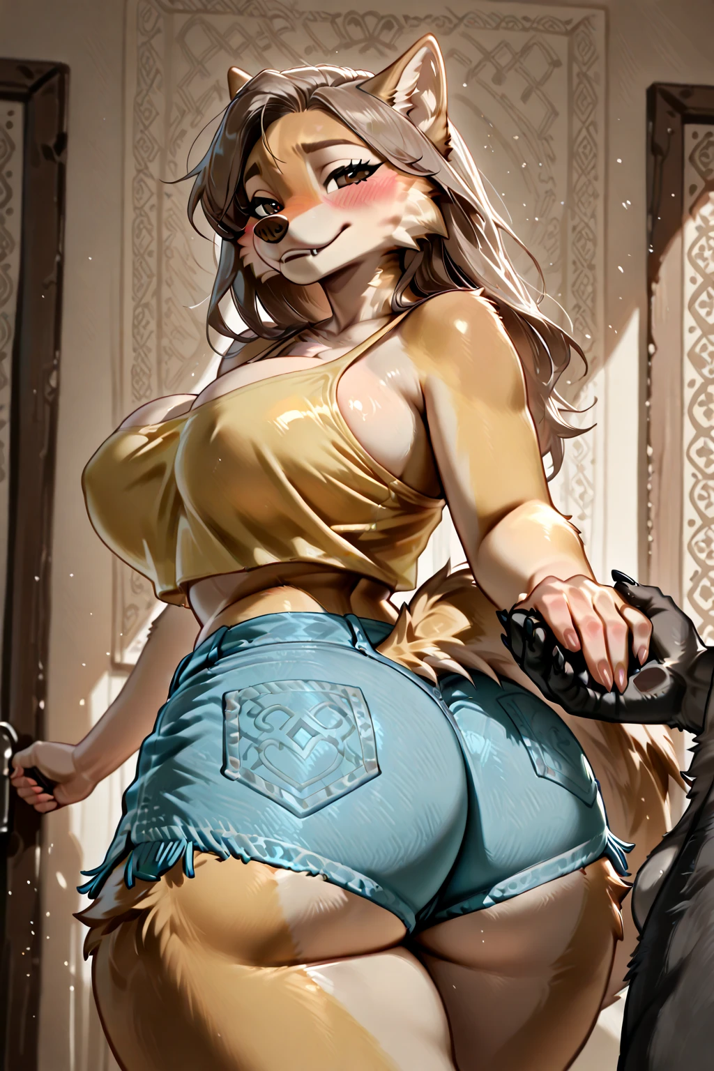 By personalami. ((Masterpiece)). ((Best quality)). ((Beautiful and detailed)). Furry lynx femboy, big breasts, big ass. naked. cute penis presentation. spread big ass. blush face. shameless ass. Butt plug with huge bell on chain