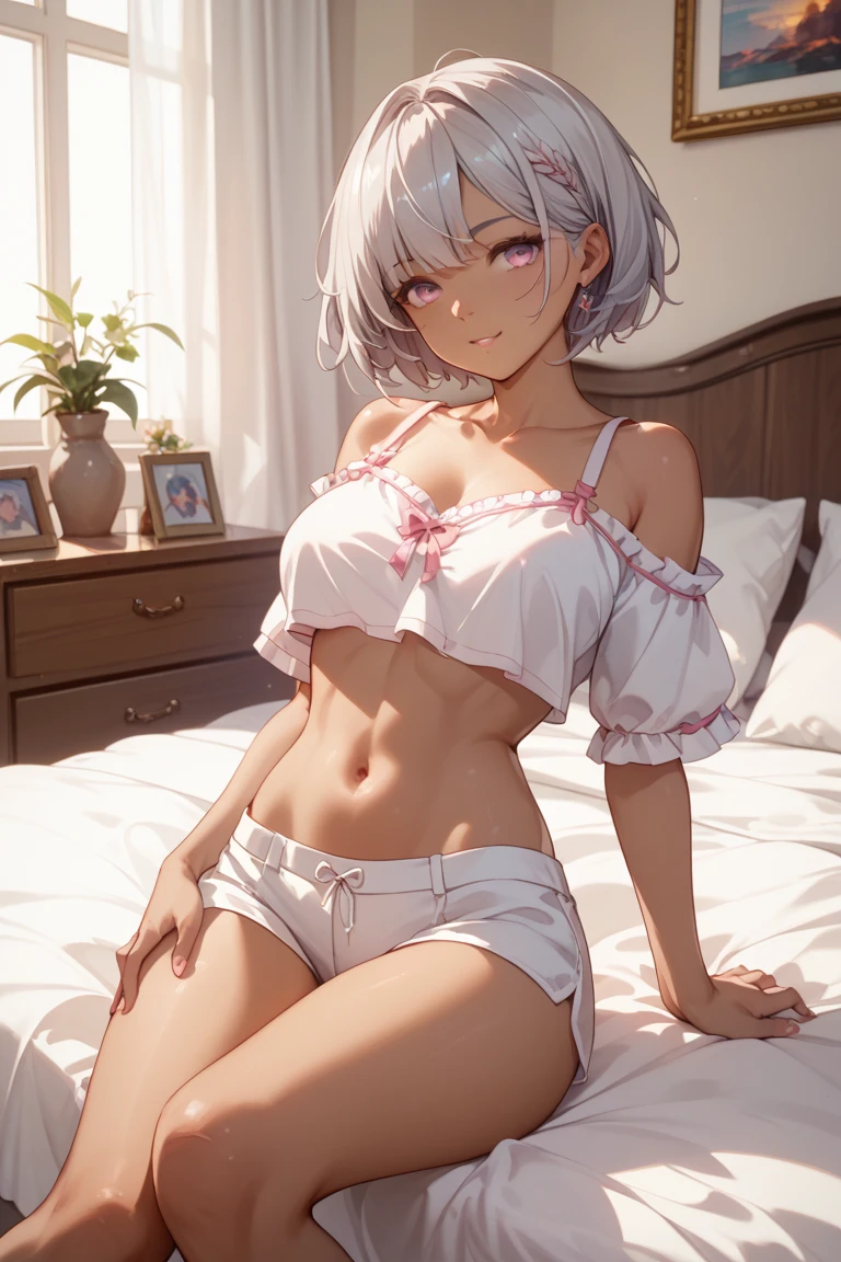 The color palette exudes a soft and harmonious ambiance, with pastel hues and gentle gradients. The lighting emphasizes the girl's beauty, casting a soft glow that accentuates her features and creates an ethereal atmosphere.Underwear, white underwear, lace lingerie,bright smile