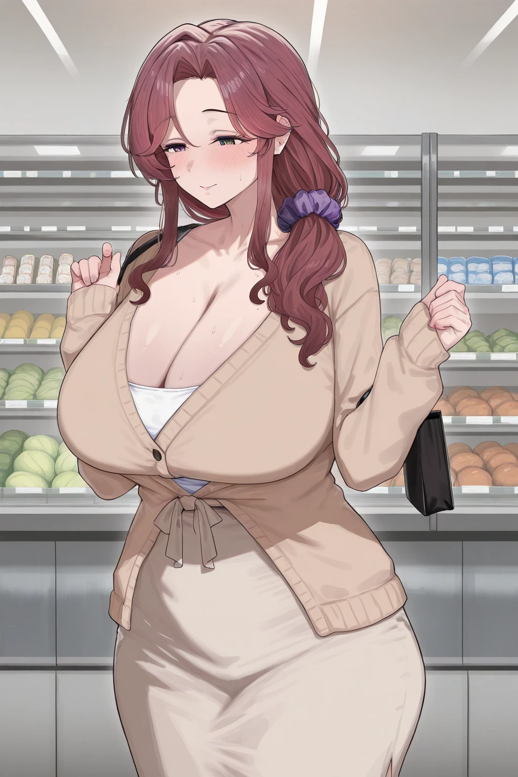 1 female, Solitary, high: 177 cm, long hair, (Put your hair up:1.5, vermilion hair:1.4), Green Eyes, long-term:1.4,Very detailed eyes, ((Convenience store clerk:1.4)), Expressive face, Inside a convenience store, rich and colorful, High contrast, (masterpiece), wallpaper, Dynamic poses, Beautiful woman、((E cup facing up the chest, Plump and firm buttocks (((Large Breasts、Low-cut，Cleavage, Wide hips,)))((Long legs)),Hourglass figure)), Aprons and shirts, Necklace