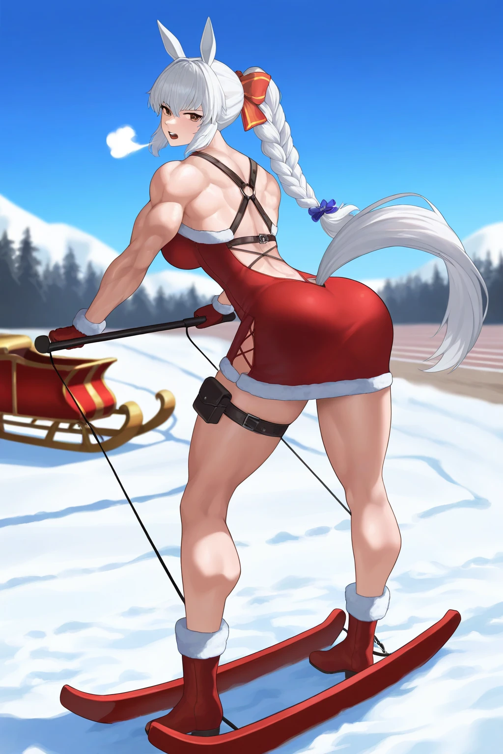 <lora:pony_ride_ponyxl_v7:1>, girl on top, piggyback riding, from side, all fours, femdom, human chair, sitting on person, 1boy, 1girl, barefoot, blue eyes, blue hair, santa costume, reindeer costume, christmas, blue sky, blunt bangs, blush, cloudy sky, day, from side, grass, hair ornament, multicolored hair, open mouth, outdoors, profile, shark girl, shark tail, silver hair, sleeveless, streaked hair, virtual youtuber, gawr gura, blurry background, mountainous horizon, holding leash, holding reins, angry, looking down, looking at another, faceless male, snow, gagged, leash, choker,
BREAK
score_9, score_8_up, score_7_up, score_6_up, anime coloring