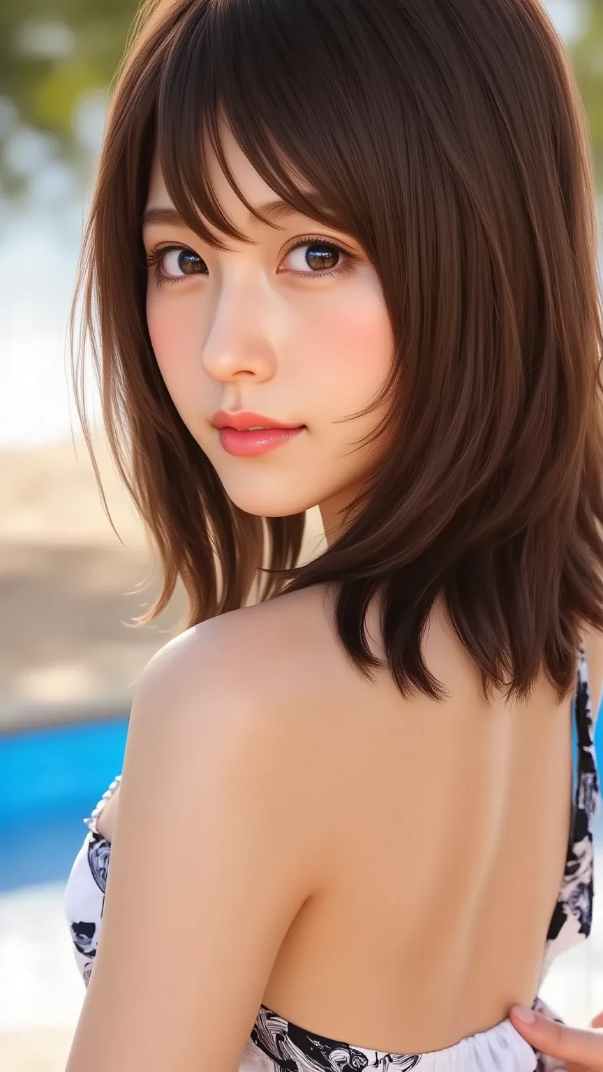 (highest quality:1.2, 8k, Sharp focus, masterpiece: 1.2, Natural light, Highly detailed CG, beautiful girl:1.2, reality, Detailed facial textures, Cute Bikini、Realistic Skin, Beautiful Makeup, Octane Rendering, grow, fine bangs)), (Depth of written boundary), Bokeh Background, smile, Long hair with detailed, vibrant two-tone brown and silver coloring, Cowboy Shot,  Wind, From the side