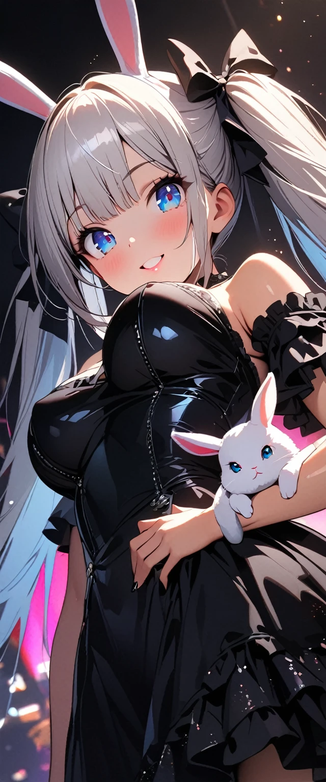 high quality, detailed, a little black cat baby and a magical girl,the magical girl is 18 years old, the magical girl has abnormal extra ultra huge udders, in wander land,