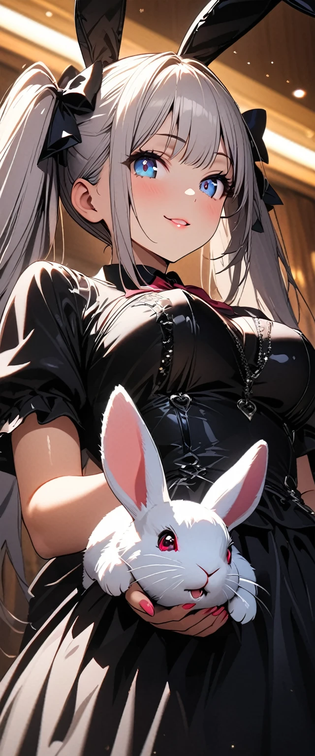 best quality, masterpiece, highres, solo, {kokona_bluearchive:1.15}, animal_ears, grey_hair, long_hair, multicolored_hair, black_hair, halo, streaked_hair, bangs, blush, breasts, brown_eyes, small_breasts, striped, hair_between_eyes, very_long_hair, vertical_stripes, 1girl, alternate_costume, black_dress, bow, bowtie, dress, enmaided, frills, looking_at_viewer, maid, maid_headdress, red_bow, red_bowtie, short_sleeves, sidelocks, simple_background, white_background, animal_ear_fluff, puffy_short_sleeves, puffy_sleeves, apron, white_apron, wrist_cuffs, gloves, heart, heart_hands, holding, maid_apron, parted_lips, red_eyes, sweatdrop, tearing_up, tears, white_gloves