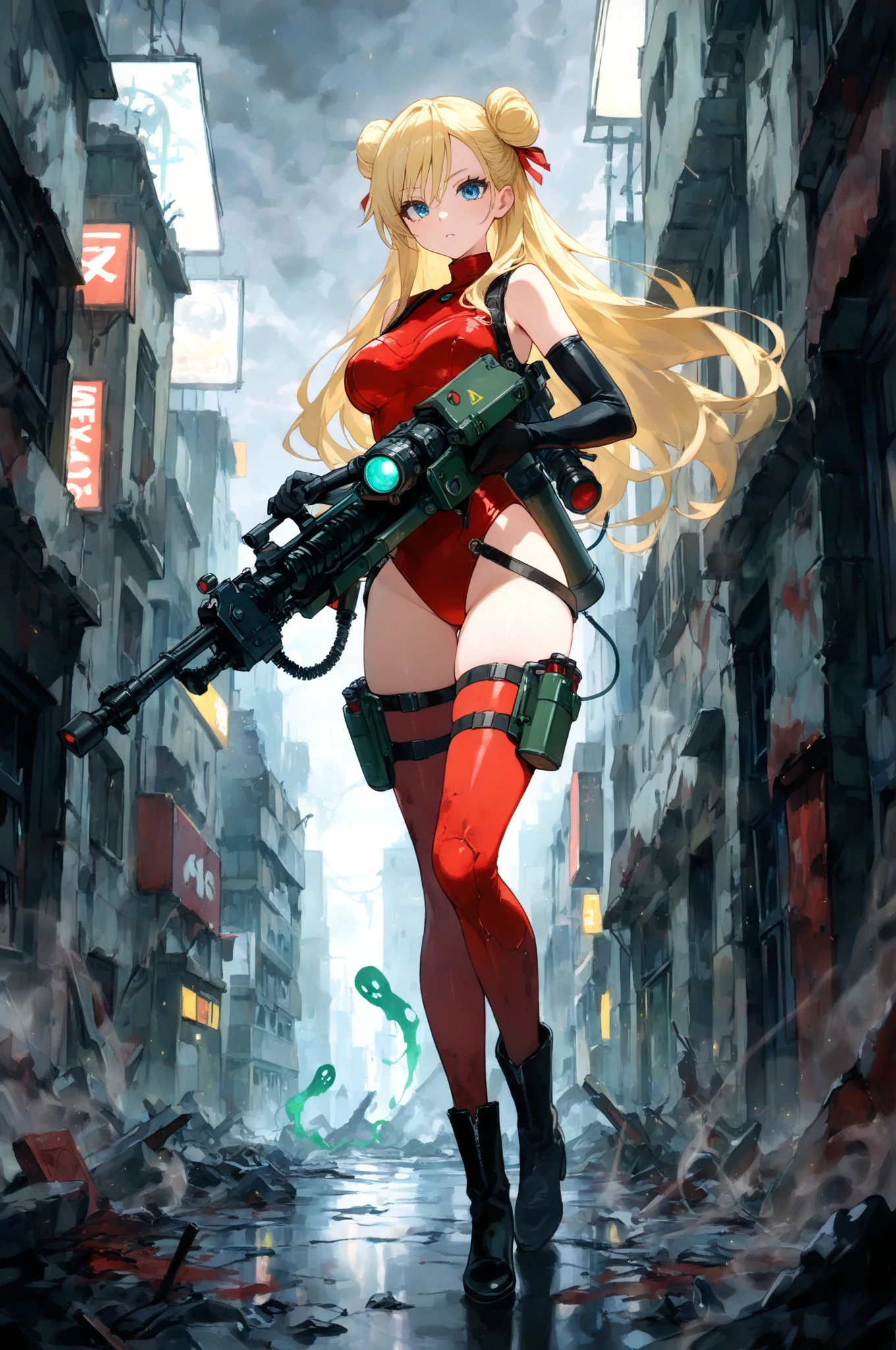 masterpiece, best quality, 1girl, medium breasts, leotard, red leotard with white accents, sleeveless, midriff, bare legs, boots, matching boots, bracelets, city backdrop, solo, single, standing, full body shot, cowboy shot, beautiful detailed eyes, medium hair, superhero, glow, powering up, light particles
