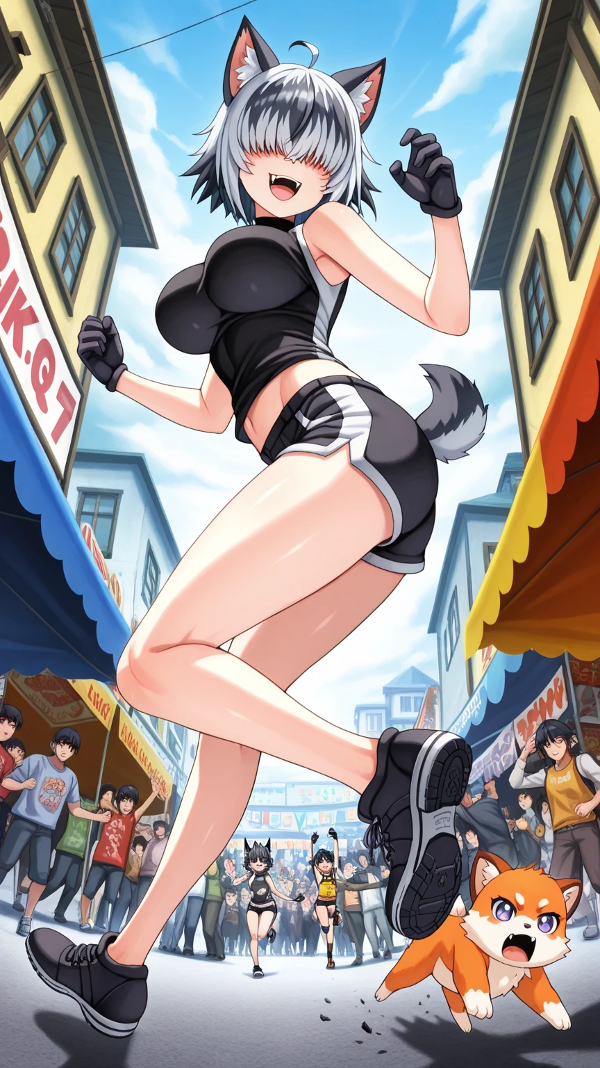 Sexy woman, lifting shirt to show bra, blue sports bra, grey sweatpants, pants falling down, showing panties, sneakers, outside, full body, crowded city, crowd in background, embarassed, shy, sexy, standing