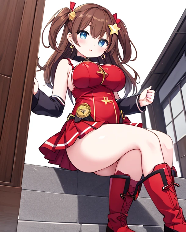 (masterpiece, best quality:1.2), eggmaam, looking at viewer, smile, skirt, thighhighs, gloves, detailed night sky, moonlight, cinema camera, jacket, thighs, glasses, teeth, black thighhighs, white gloves, black skirt, orange hair, grin, (large breasts:1.6), thick thighs, goggles, tinted eyewear, blue-tinted eyewear