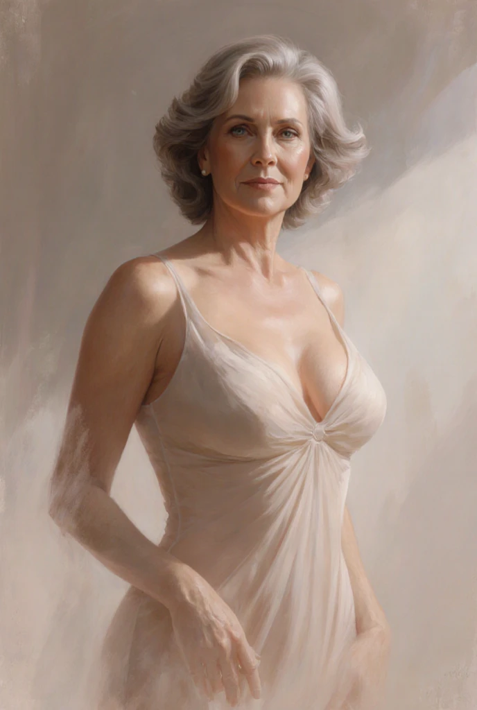 Naked woman in white coat, middle-aged woman, beautiful woman, open body, light autumn rain, fullbody portrait