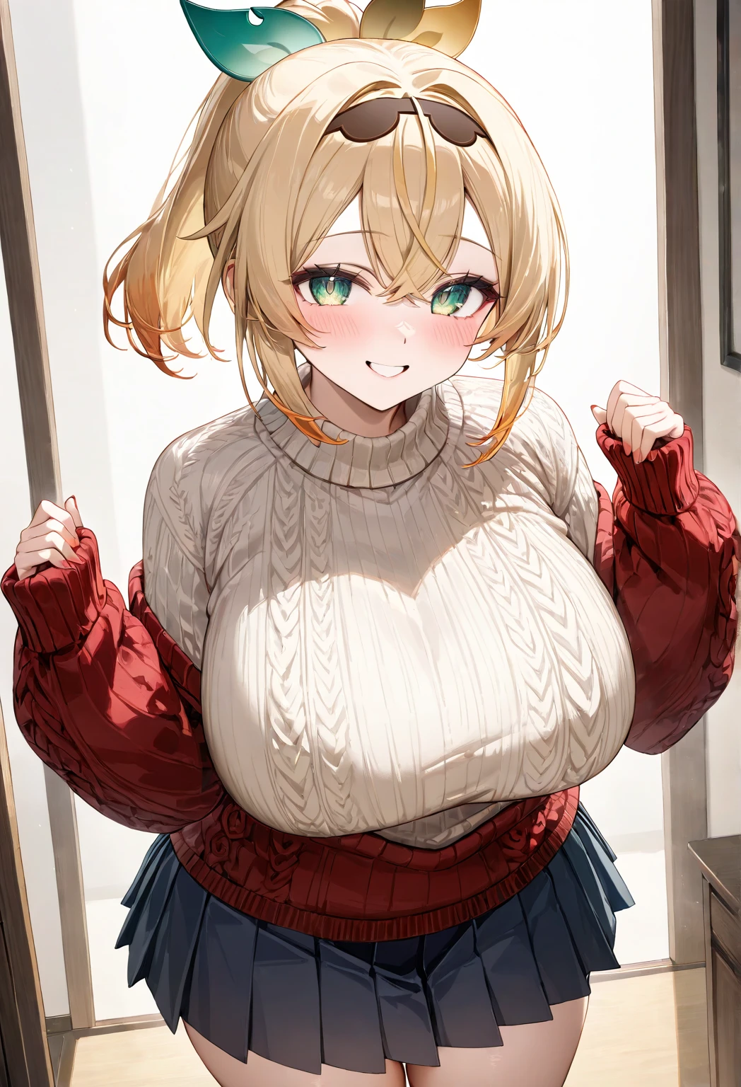 cleavage、tits、smile、hands up, elbows on table, face palm、breasts close up, blonde ((((((hair over one eye)))))), Braid Styles, spiked hair, blunt bangs, bob hair, a braid, Ahoge red eyes, No sleeve, knit sweater