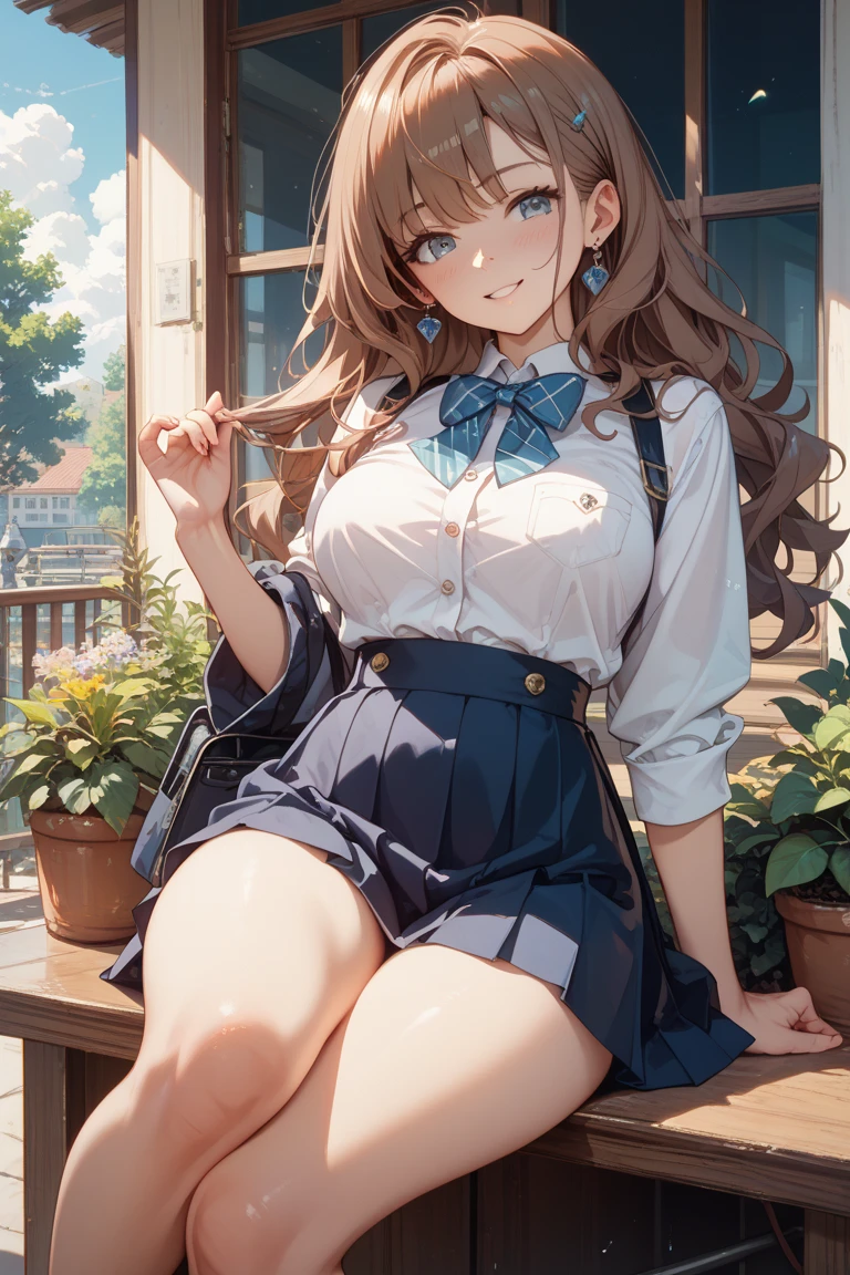 Minami Kotori、Minami Kotori、Brown hair、(Brown Eye Degree:1.5)、One side up、Hair Ribbon、bow ribbon、long、Break the blazer、a blue skirt、jaket、Otonokizaka Uniform、pleatedskirt、student clothes、Winter clothes、Looking for a break viewer、BREAK (​masterpiece:1.2)、top-quality、hight resolution、unity 8k wall paper、(illustratio:0.8)、(beatiful detailed eyes:1.6)、extra detailed face、Perfect litthing、Highly detailed CG、 (perfect hand、perfect anatomia)、Smile with open mouth、Naughty big, (large breasts), (Skirt lift:1.3), (Blue stripes Panties:1.3)、(Skirt that rolls up:1.3)、(Fully exposed panties:1.5), (is standing:1.3)、outside of house、plein air、