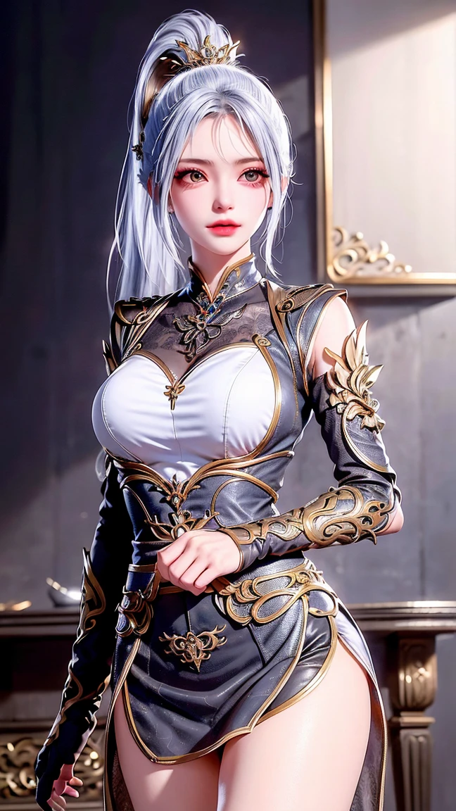 1girl, armor, black hair, breasts, lips, long hair, ponytail, simple background, solo, upper body