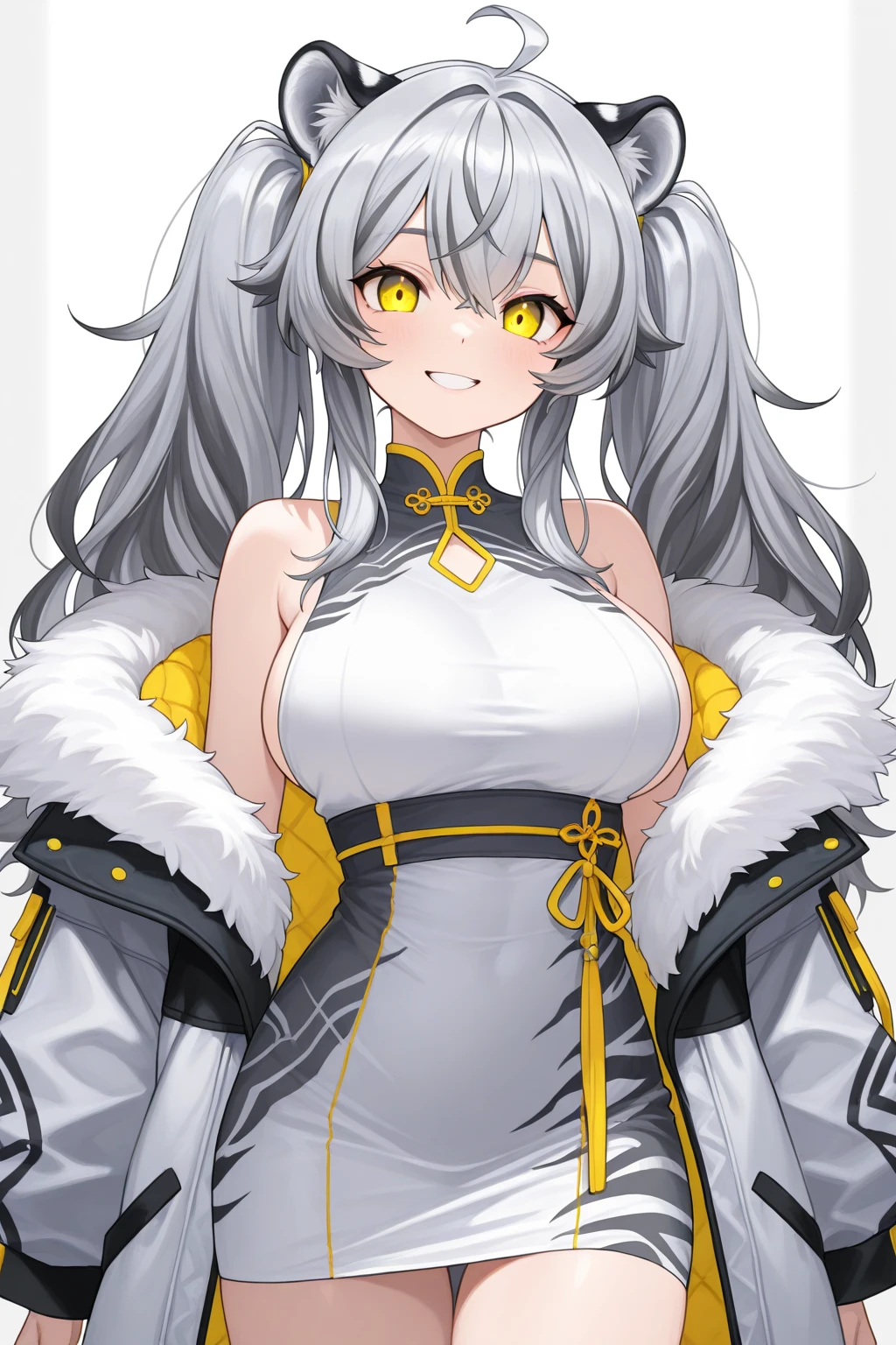  Beautiful white Kitsune, yellow eyes, highly detailed face, highly detailed eyes, big breasts, sexy figure, mature woman, several white kitsune tails, soft long white Kitsune ears, You rule a lake, a huge blue moon in the sky reflecting in the water, The forest would be burning flames blue, full of charred, the eyes would glow yellow,Very detailed face and eyes, Wearing blue and yellow Race Suit, 