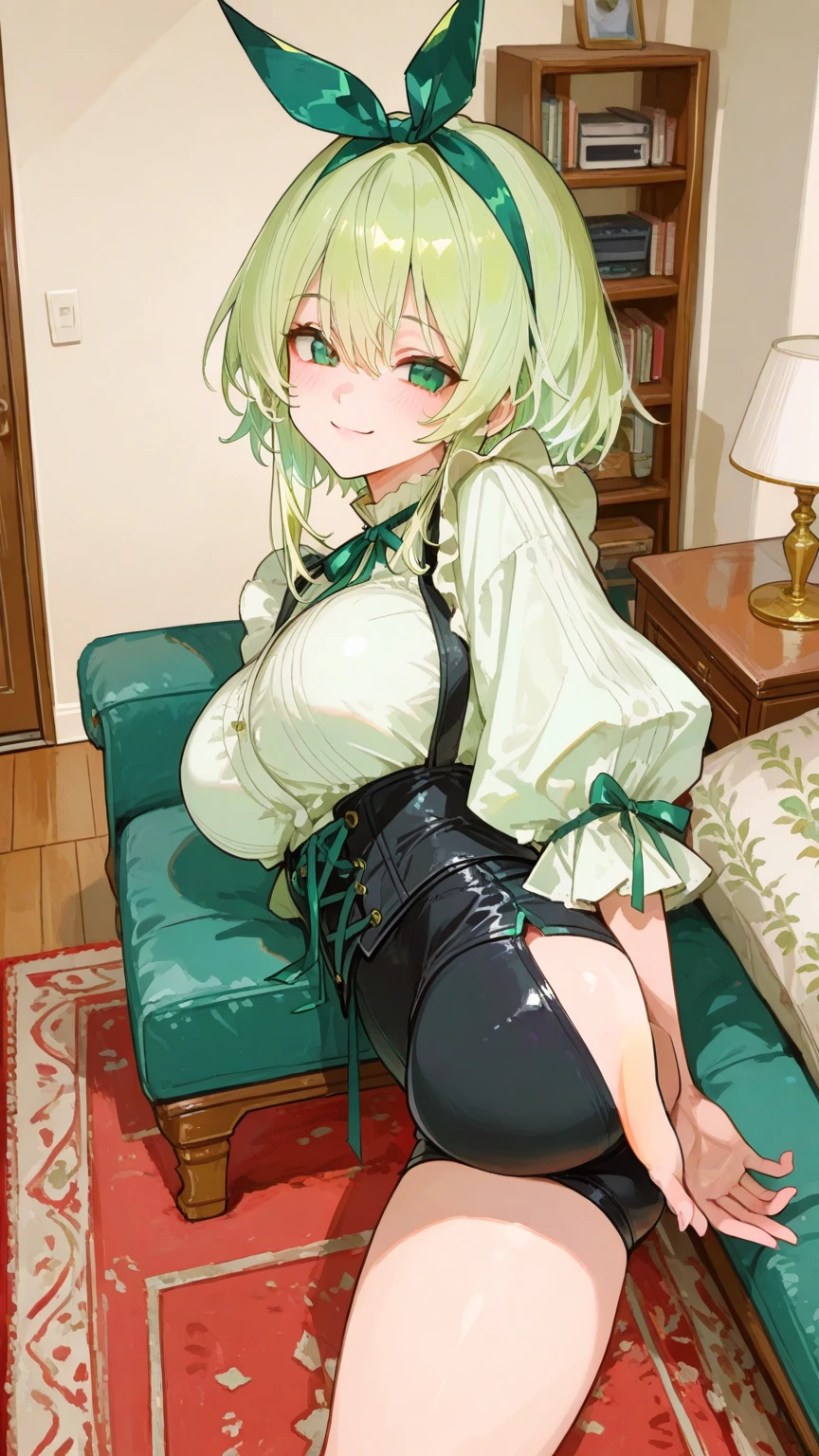 masterpiece, Mitsurikan Log, mitsuri kanroji, braid, Gradient Hair, (Green eyes:1.5), Green hair, Long hair, Mole, Mole under the eyes, multicolored hair, Pink hair, Twin braids, Two-tone hair, Brake belt, Black skirt, cleavage, haori, BREAK looking at viewer, Break indoors, BREAK (masutepiece:1.2), Best Quality, High resolution, Unity 8k壁纸, (Illustration:0.8), (Beautiful detailed eyes:1.6), extra detailed face, Perfect Lighting, extremely details CG, (Perfect hands, Perfect Anatomy),colourful hair, The whole body is reflected, (Off-the-shoulder costumes:1.5), ((chest wide open and exposed)), (Smile), Sitting on a chair, legs crossed, Hands behind the head, Showing the side, Lying on your back on the bed, ((undergarment)),