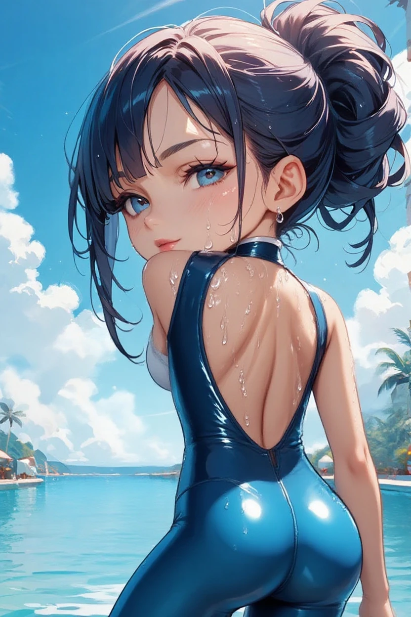 Highest quality, masterpiece, Ultra-high resolution, (Realistic:1.2), RAW Photos, Intricate details, Portraiture,　Big beautiful blue eyes:1.2, Perfect contours, Girl, break　((full body:1.2, super overhead shot:1.2, ((back shot:1.2)), looking away:1.2)), ((petite, short, tiny girl:1.2)), cameltoe, Black Hair、Braided Bob, break　(parted mouse, full lips:1.3, pink lips, shiny rips:1.2), (perky breasts:1.2, high breasts:1.3), (curvy waist:1.2,), Competitive swimmer, (one piece:1.2, turtleneck:1.2, Sleeveless swimsuit:1.2, barefoot), break　(High gloss metallic silver:1.3, tight high leg swimsuit:1.2), break ((Isolated summit of the highest mountain:1.3、Sitting on the edge of a cliff:1.2)), (Stretch a lot)、(Anxious expression、His mouth is twitching with fear、Tears in my eyes), (Wet Skin:1.3), (armpits:1.3), (empty-handed)、(The background is a blue sky with clouds moving at high speed)、