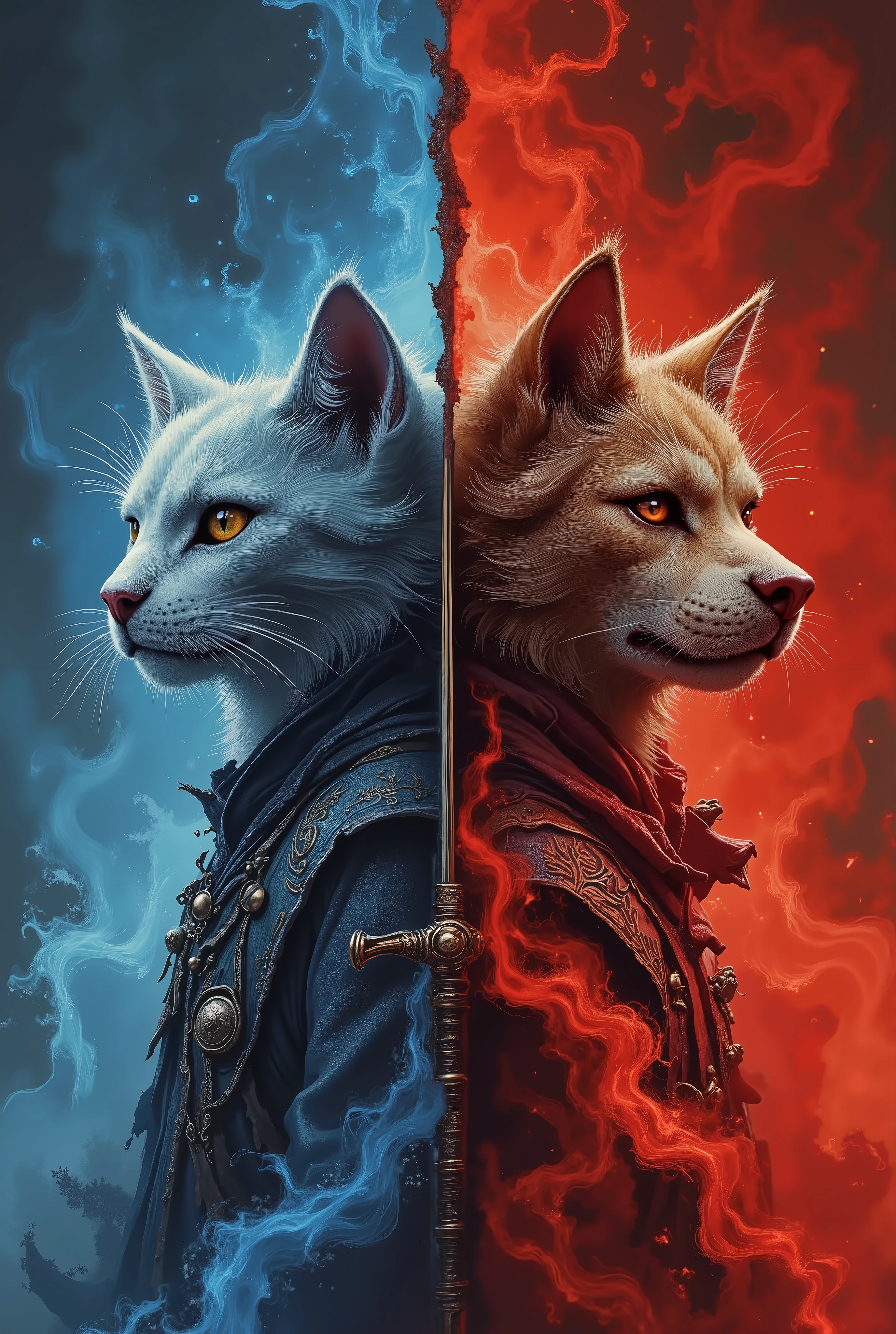 An ancient sword splits the screen in half、On the left is the animal incarnation of a cat、On the right is the animal incarnation of dogs facing each other、wearing blue spirit light and red spirit light、The color on the left and right side of the image、 Wearing an ancient Chinese Ranger costume,((Cat and dog back to each other,Leaning back together)),
