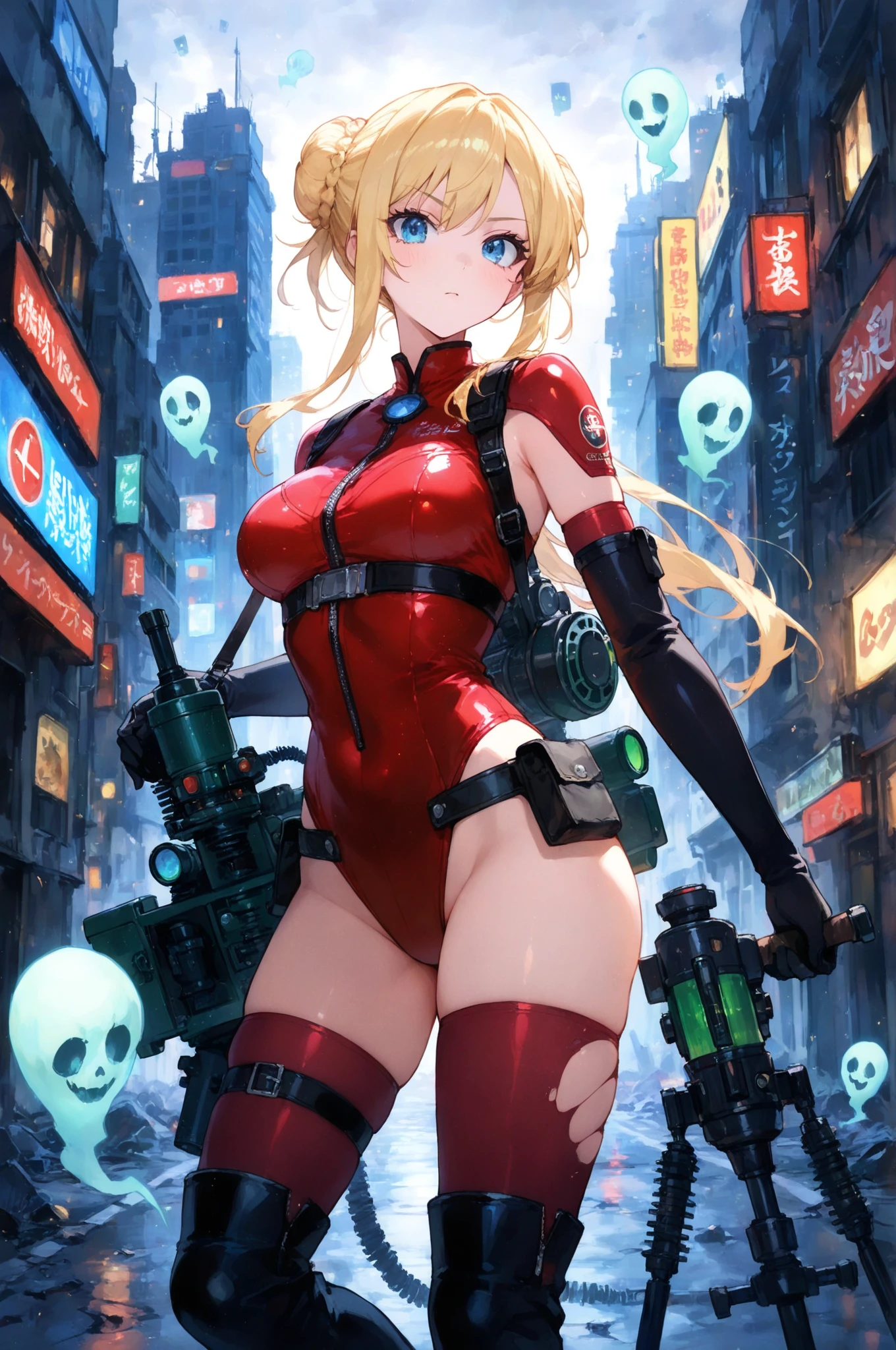 Not HR
((best quality)), ((masterpiece)), (detailed), 1girl, 8k_wallpaper, extremely detailed eyes, (large masterpiece digital art), (intricate details:1.3 ), (ultra-detailed:1.3), (sharp focus:1.3), (natural lighting:1.05), (vivid colors:1.3), (best quality:1.4), high quality, expressive eyes, full body, detailed face, beautiful face, perfect face, ((blonde hair)), (gold eyes), {{dark skin}}, ({dark skinned female}), big breasts, huge chest, outlines of nipples under clothing, powerful strong and prominent muscles of the abdomen and legs, powerful arm muscles, a cruel cold look, a cruel vulgar playful look, a predatory grin, a vulgar playful smile, an ahegao smile, dressed in open red with rolled up sleeves, a translucent wet half-unbuttoned shirt showing her chest, a wide red belt with a gold buckle, a military radio hanging on the belt, short leather mini shorts, knee-high boots, behind the seat a large hiking backpack, she walks late in the evening through a destroyed city under falling flakes of snow against the backdrop of a starry sky,