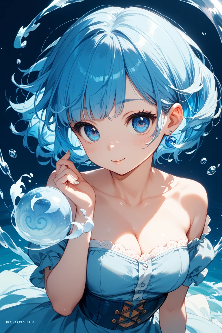 {worst quality, low quality}, ((girl photo)), solo, big breasts, clear eyes and plump lips, beautiful light blue eyes ):1.2), Spoken heart, Praying hands, (Perfect hands: 1.3), (Light blue hair, short bob: 1.5),  (Blue and white striped bikini), (((big bubbles floating around her))), open your hands and look at the bubbles, the bubbles are bright blue and release a cloud of bubbles, bubbles looks like water, cute pose, detailed, masterpiece,