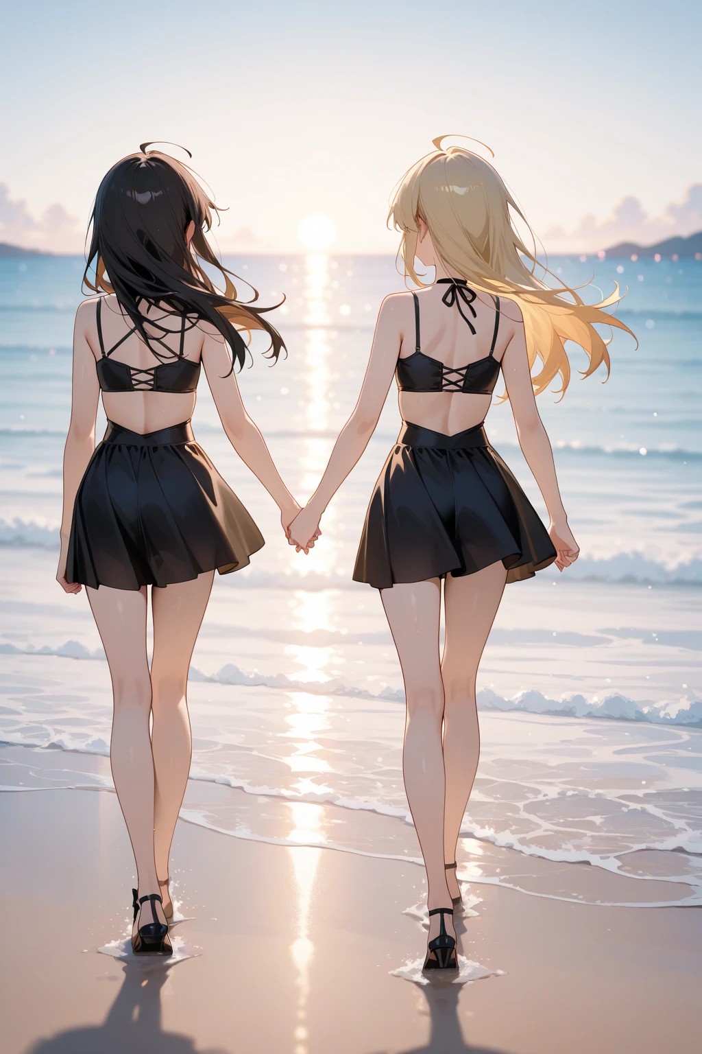 2 girls beautiful 13 years slim, long blonde hair and a black hair small swimsuit, Meer wellen Strand  Sommer  Sonnen untergang, kissing and holding hands, UHD, masterpiece, anatomically correct, high details, highres, best quality, super detail, 8k