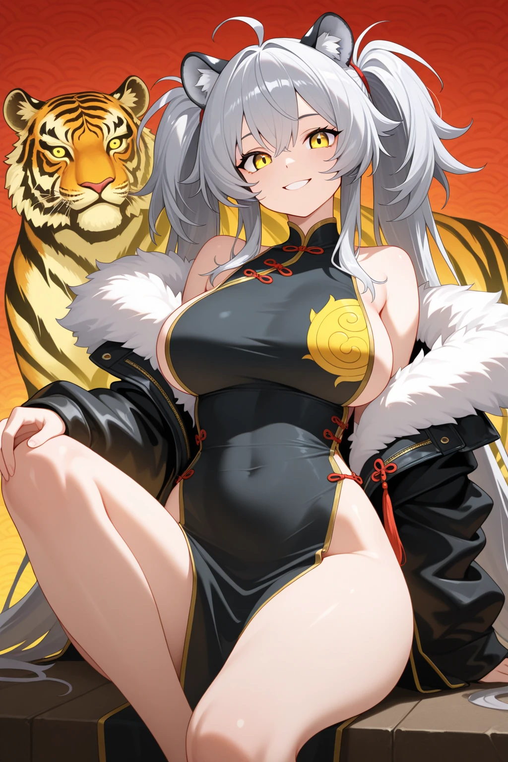 1soloMILF gauze blindfolded, animal tiger ears, animal tiger hands, animal tiger print, bell, bikini, breasts, choker, claws, cleavage, collar, full body, gloves, large breasts, lips, long hair, looking at viewer, navel, neck bell, on bed, tiger paw gloves, tail, thigh highs, tiger ears, tiger print, tiger tail, white hair, sitting on plain background