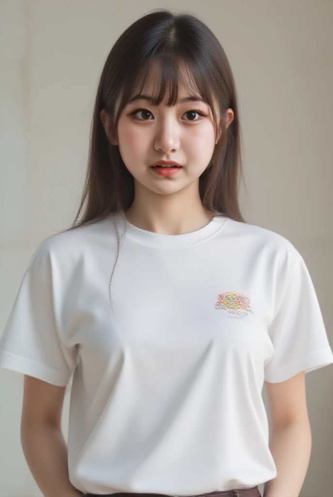 20 years old, female, Japan, big eyes, small face, blonde hair, white short sleeves, blue jeans, shore