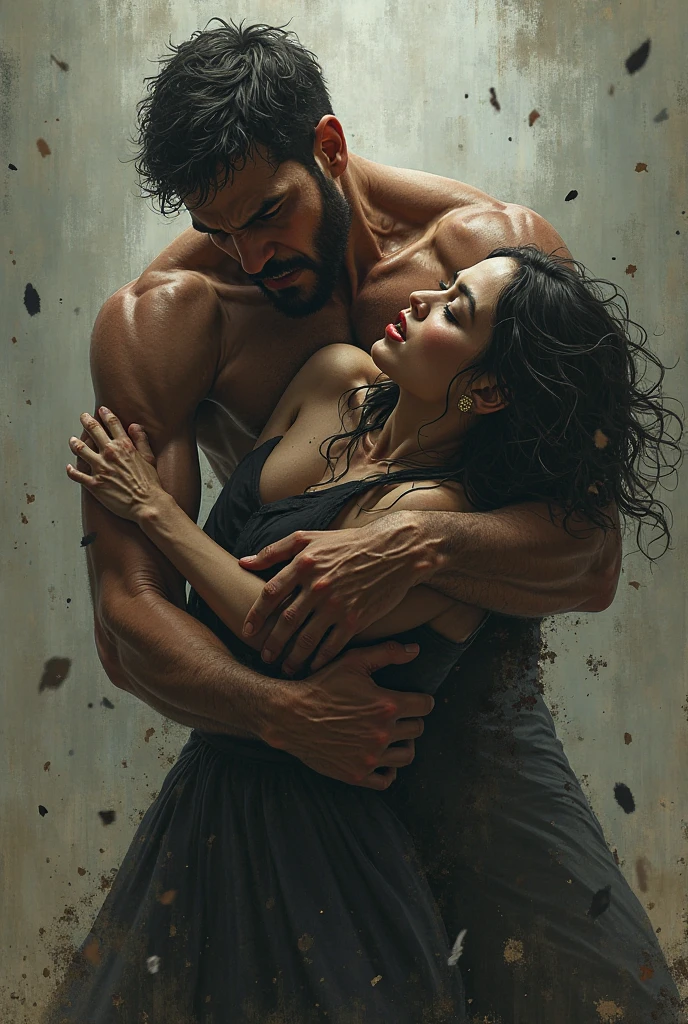couple hugging, sexy woman, handsome man, (swag), (smirk), (love), beautiful detailed eyes, messy hair, ink drip, ink explosion, drawn by Greg Rutkowski, [Yoji Shinkawa]