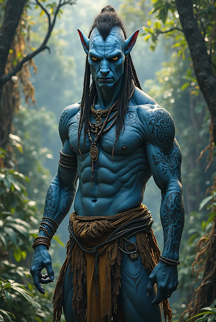 An Na'vi male in the jungle with Na'vi clothing and accessories