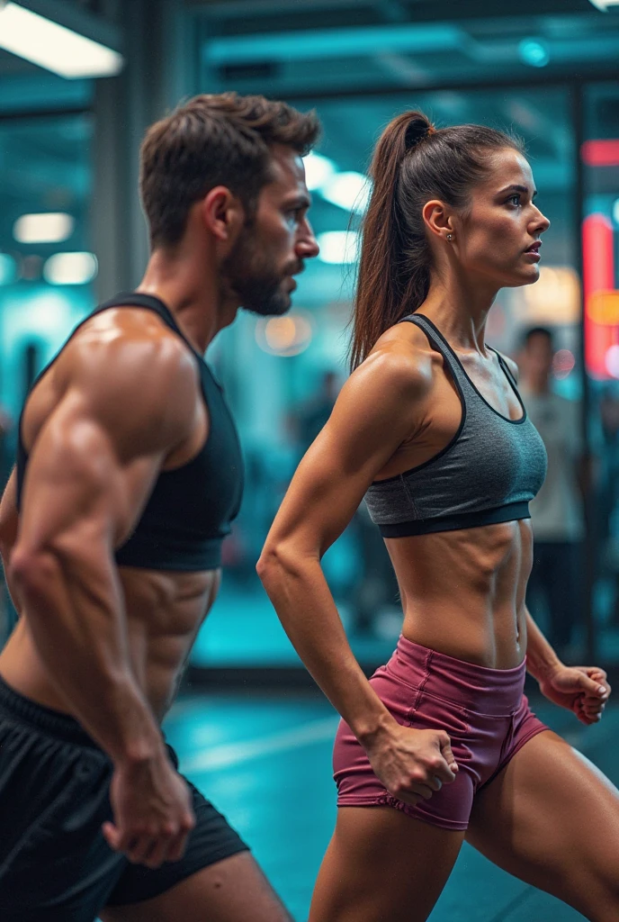 Create a silhouette image of a man and a woman carrying exercise equipment and posing for a Gym cover with dark turquoise background
