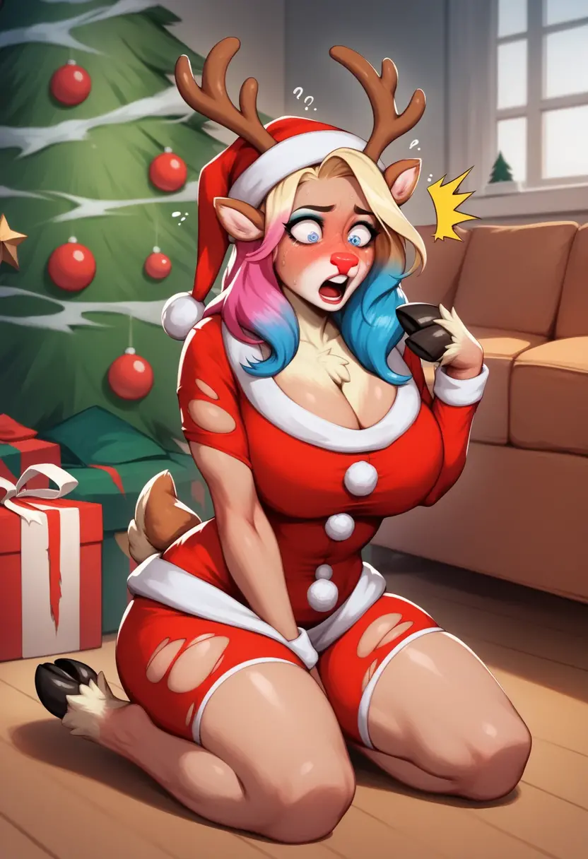 white haired woman, santa ourfit, boots, kneeling, side view, ???????, hat, living room
