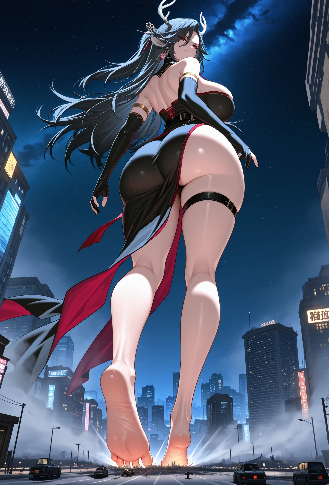 A colossal giantess succubus walks into a tiny city, breaking the floor and everything with her heels, she looks down and mocks you as you see from below her tiny tits and long legs covered all in transparent pantyhose, look down, evil, better quality, close, photo under her