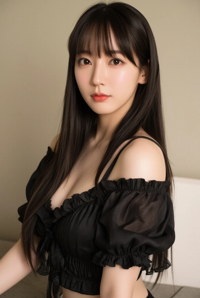 (Highest quality、8K、32k、masterpiece、Best Quality、Realistic）)、Black Hair、Medium Hair、Short bangs、（Large Breasts、Wearing a short-sleeved dress:1.3）、Selfie、Sitting、M-shaped legs、Idol、room、Wearing loose cloth shorts
