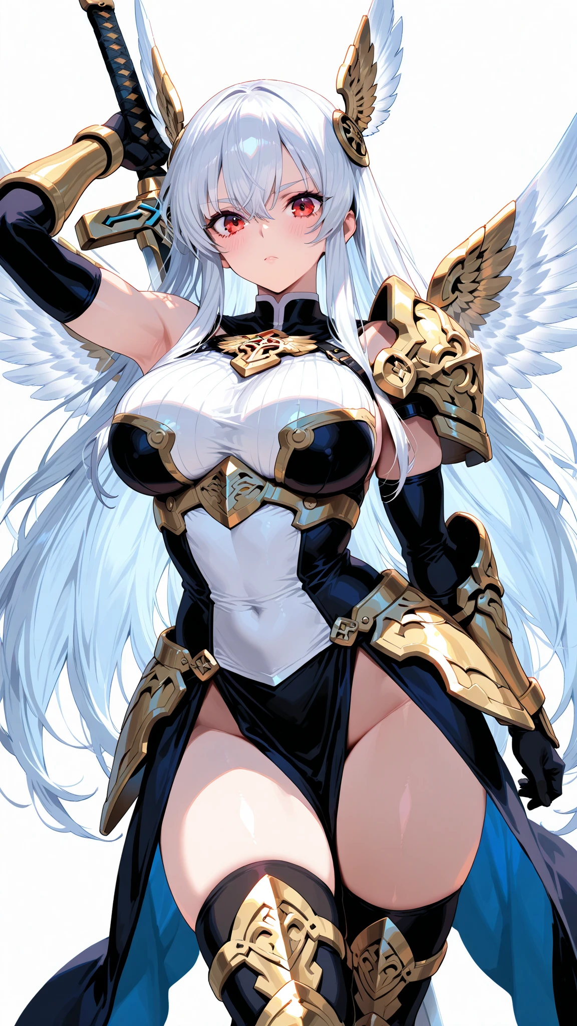 fantasy, 1angel_girl,young_teen, ,silver_hair, short_hair, long_bangs, halo,bare_shoulder,thighhighs,silver_armor, waist_armor, large_breasts,half_eyes,1pair_wings, dynamic_pose_fighting,floating, bare_crotch, headgear,gauntlet, greaves,city_background,slightly_spread_legs, solo, groin_naked,tan_skin,hair_over_one_eye,