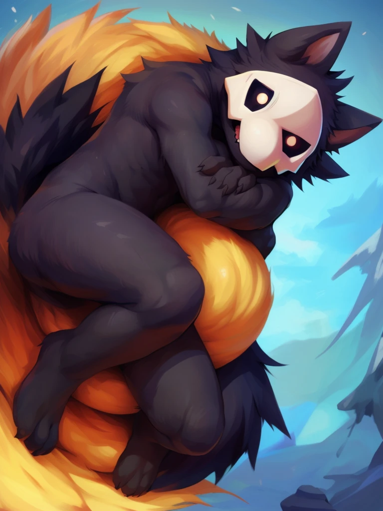 by chano, by cheesefries, by sanu, puro, (solo, solo focus, pov, first person view, (worm's-eye view)), anthro, male, slime boy, goo creature, black body, black fur, monotone fur, monotone body, white mask, black sclera, white eyes, black slime, glistening body, wolf ears, wolf tail, (huge fluffy tail), snout, thin, girly, femboy, bottom heavy, wide hips, thick thighs, nude, happy, blush, fluffy fur, fluffy tail, fluffy, standing, facing viewer, looking at viewer, detailed background, outdoors, sky, spread legs, spread arms, warm lighting, soft lighting, vignette, romantic ambiance, dusk, sunset