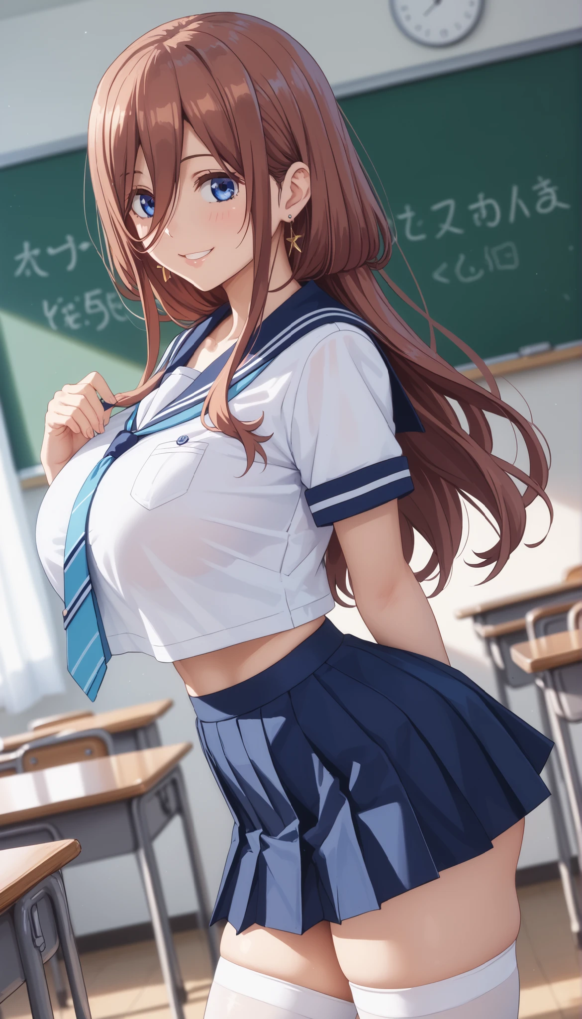 tall girl, fit girl showing lower body,score_9, score_8, score_7_up, score_6, uncensored, 1girl, Nakano Mirai, Long Hair, blue eyes, brown hair, shirt, HAIR BETWEEN EYES, (Huge Chest:1.2), sailor suit, school_uniform, necktie, white stockings, smile, Keep your mouth shut, Classroom Biting Condo , Against the backdrop of, standing, Crop Clothes,light blue short skirt 、earring、show buttocks 、angle、big butt