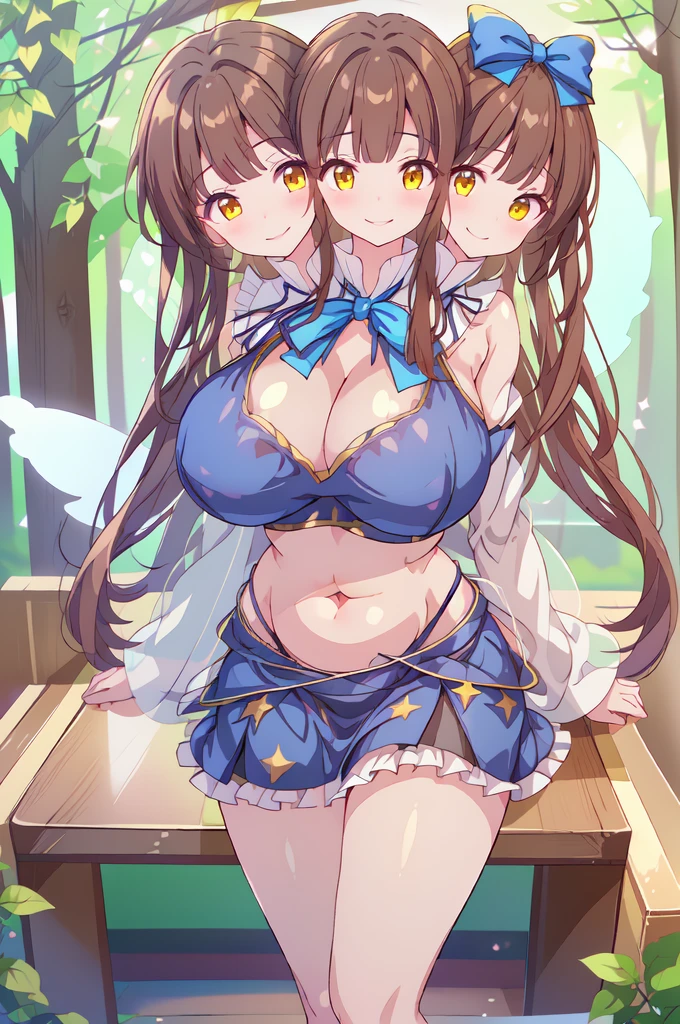 (masterpiece, best quality), best quality, (ultra-detailed), ((3heads:1.5)), 1girl, (star sapphire:1.3), masterpiece, best quality, ultra quality, ultra resolution, ultra detail, white top, crop top, ((stomach)), midriff, ((groin)), open midriff, white and blue skirt, miniskirt, normal ears, shackles, dark brown hair, ((brunette)), very long hair, wavy hair, sidelocks, yellow eyes, detailed eyes, parted lips, fairy wings, sweat, cute, open belly, toned belly, hand on own chest, eyelashes, (24 year old woman:1.3), (masterpiece:1.5), (best quality:1.5), (beautiful detailed), extremely detailed CG, extremely delicate and beautiful, depth of field, (finely detailed face), (perfect details:1.2), (mature female:1.3), wide pelvis, slender, large veiny breast, 16k resolution, highres, high quality, high definition, extremely detailed, masterpiece, dark brown hair, long hair, alluring presence, braid, short skirt, miniskirt, close up, very big tits, huge tits, young, blue ribbon attached to the hair, butterfly-shaped wings, open belly, midriff, nsfw, bare stomach, girl with three heads, three headed girl,
