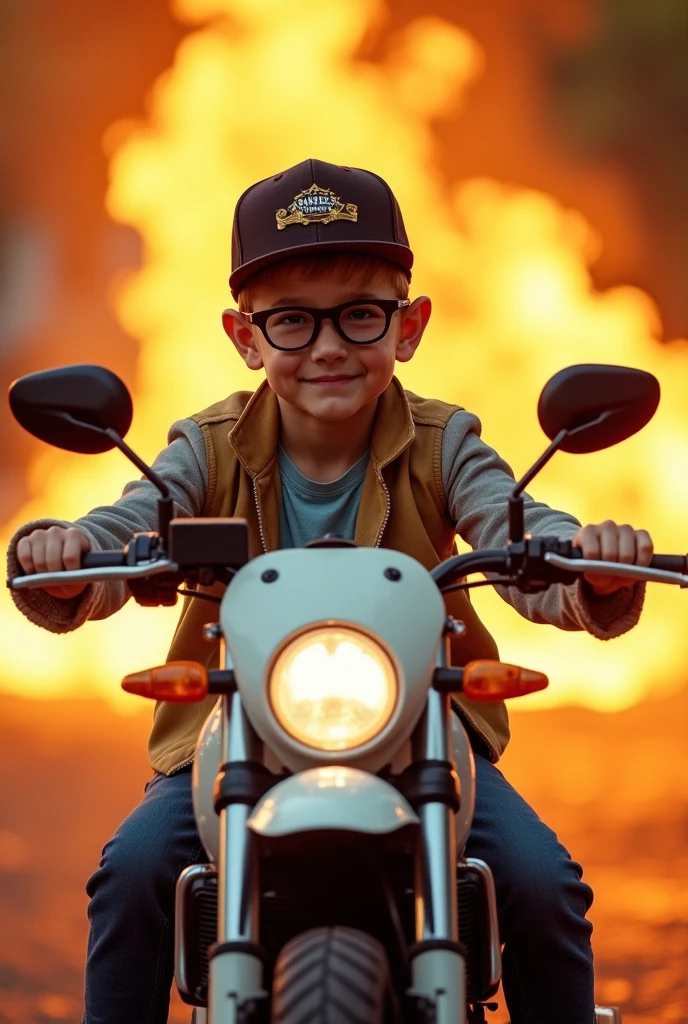 A child riding a motorcycle, Fire comes out of this motorcycle&#39;s exhaust, the child shouting the phrase" boot no 12"
