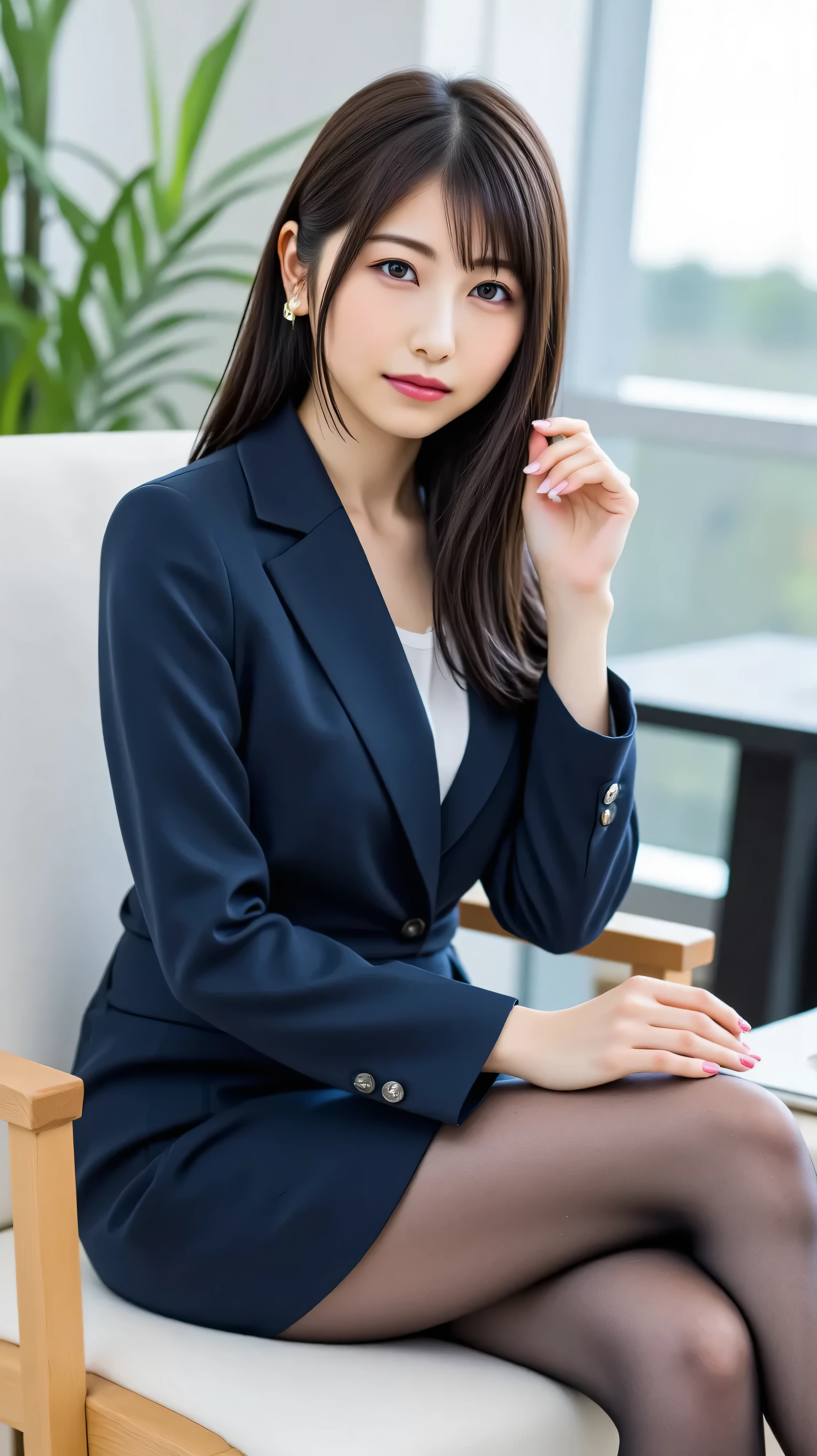 ((( Ultimate Masterpiece)))、(((top quality)))、(((Beauty Painting)))、Realistic Portrait、 8k、 beautiful woman:20 years old:accurate anatomy、 beautiful face、 beautiful hair:I have long hair tied up、 Beautiful Eyes、 beautiful breasts:F cup、 beautiful body、 beautiful legs、((white blouse that can touch your inner thighs:navy blue jacket:Tight Skirt:black stockings))、office、best hair and skin texture、 sitting on a chair and crossing my legs:model pose、Realistic 、 natural light、 high resolution images、A full-body image of a woman is shown、photorealistic、
