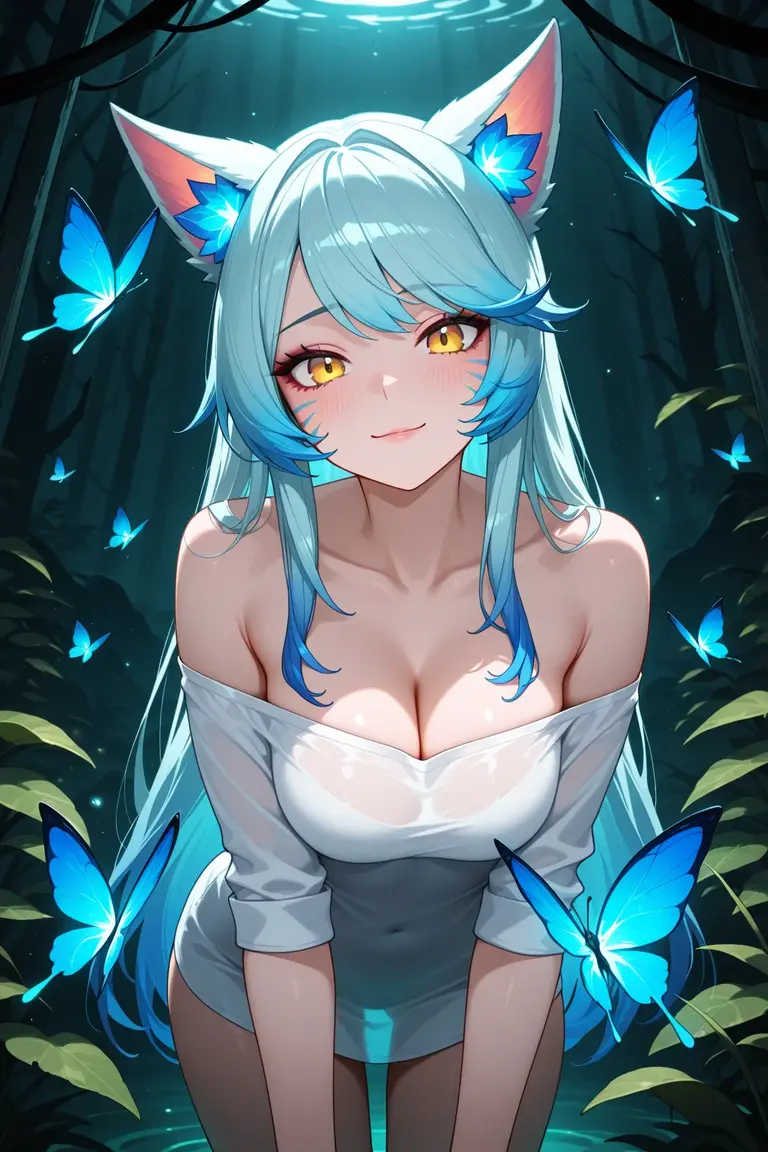 Cat lady, facing the audience, big breasts, hands behind the back, light blue hair, in the forest, butterflies flying around, sunny weather, a light blue cat tail, fair skin,
