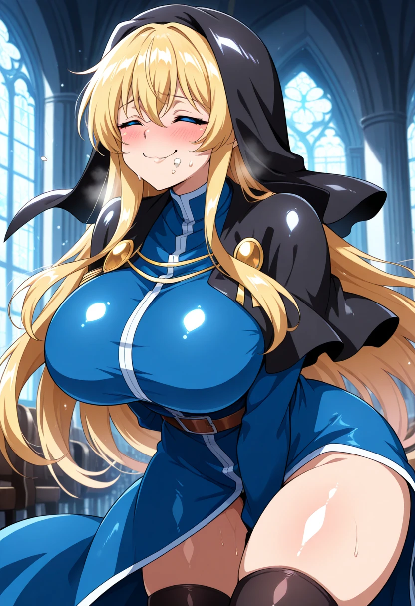 debris flies, highest quality, Highly detailed CG Unity 8K wallpapers, sexy witch、((long dark blonde wavy hair))、off shoulder knit, magician hat, dark blue pleated skirt, stocking pedium chest, saggy breasts, (Pose that emphasizes the chest, blush, shy smile), bare shoulders, ((tits、nipple、no panties))、spread your legs wide、nice magic book、church cathedral、(Love juice dripping from the pussy)、(((((POV、Lying、being forcibly raped、having sex)))))、((((make you ejaculate、Creampie))))