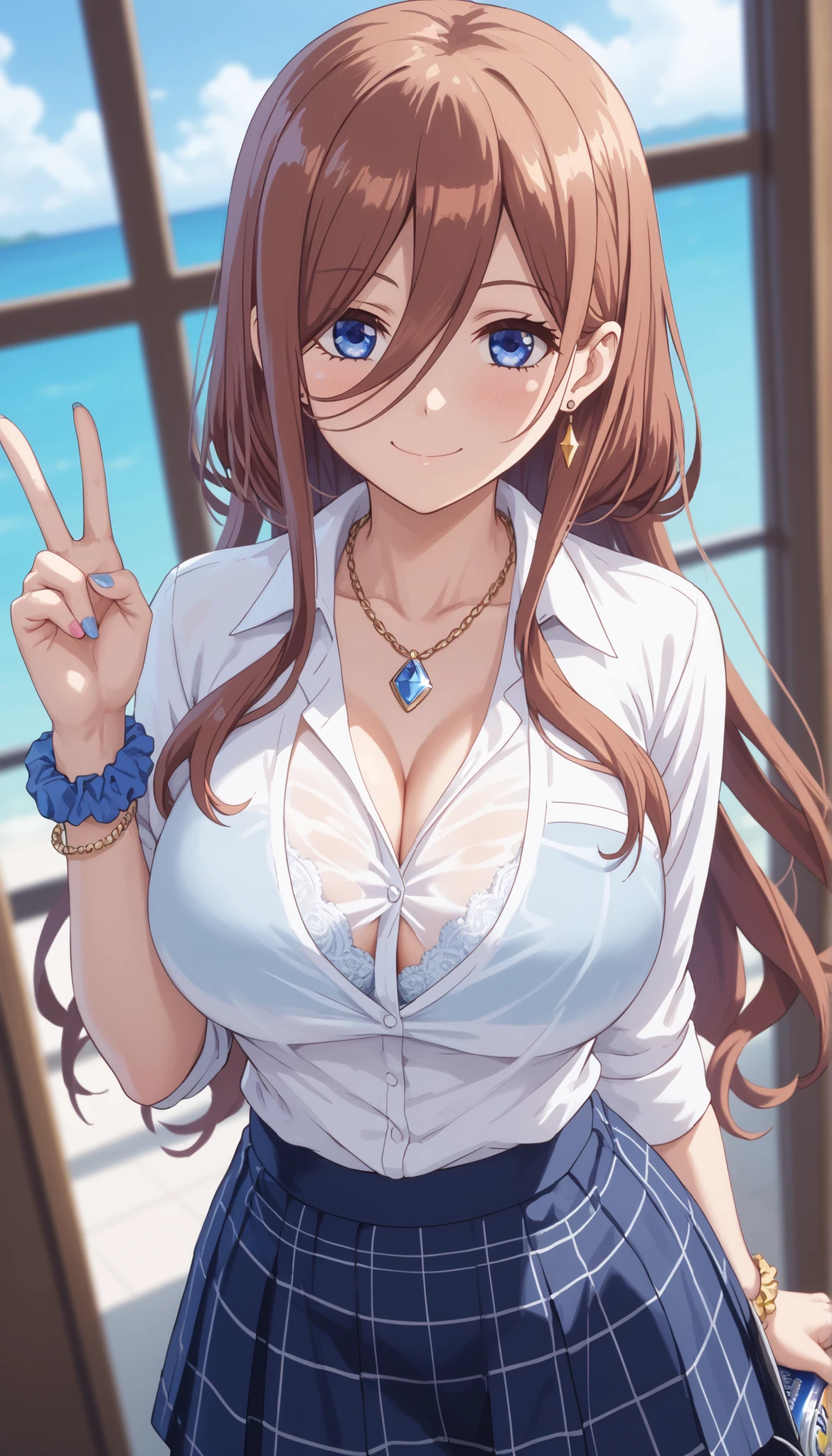 Top button of shirt open,exposing her chest