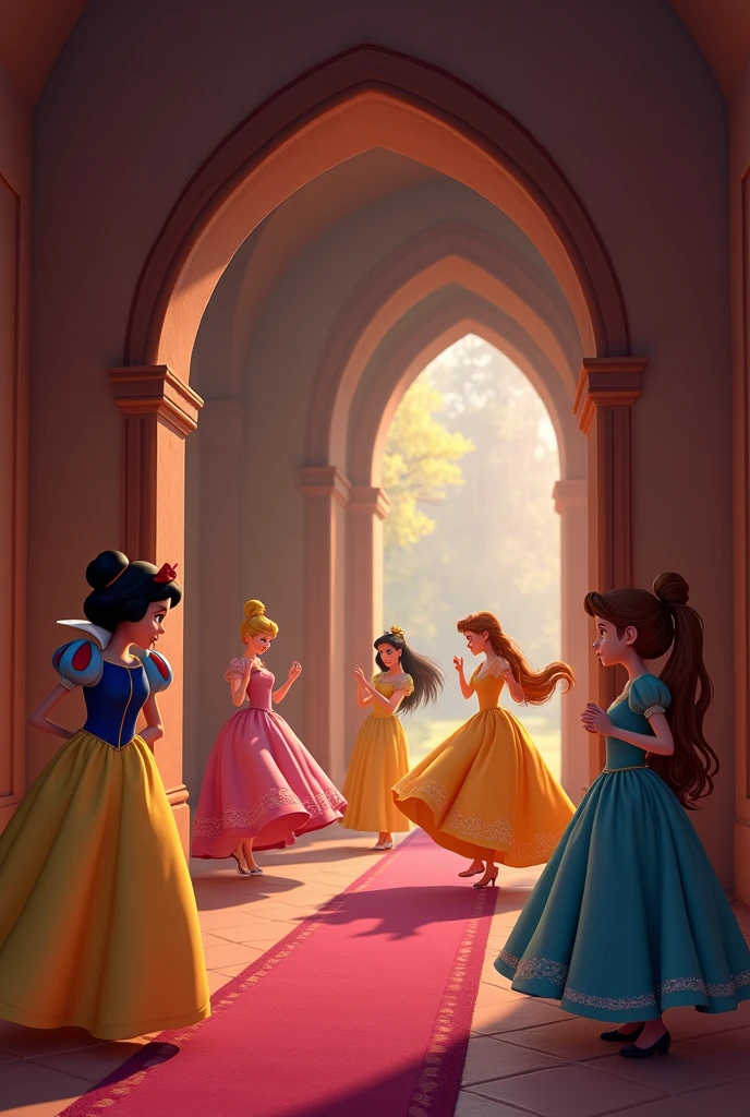 Make a poster with the theme of the Disney Chanel princesses and you can see the princesses and there is an apple , a glass slipper like Cinderella's and a crown 