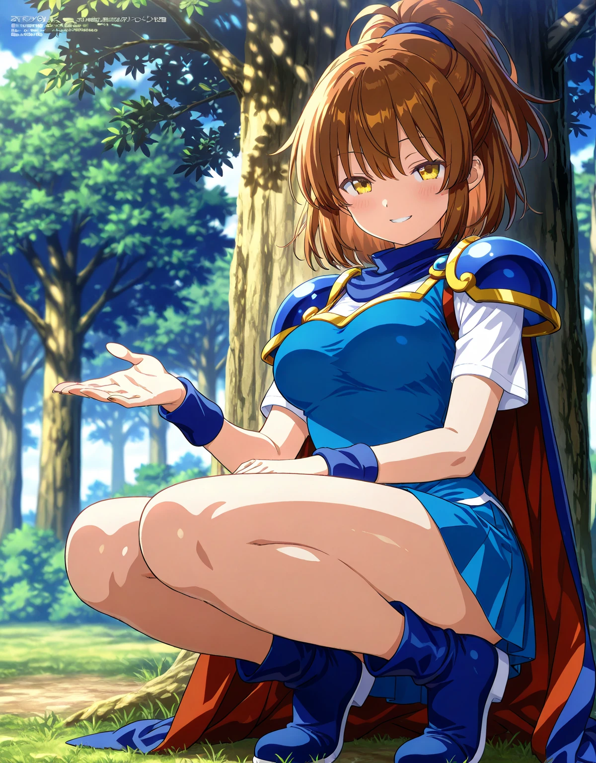 <lora:PSarisaV1:0.75> arisa, brown hair,long hair, pink hairband, blue armor, pink mini skirt, green eyes, white thighhighs, large breasts,nature, white boots, sitting,
(best quality, masterpiece, RAW photo,ultra-detailed:1.2), <lyco:GoodHands-beta2:1.0>,1girl,solo,looking at viewer,smile