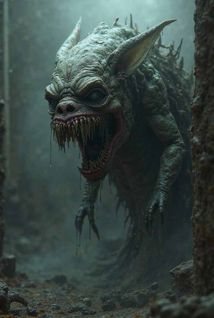 horror-themed big ferocious fantasy sleek rodent organism, grimacing evin grin, quadrumanual, four-fingered hands, short-tailed, luminescent skin, bat-like ears, crab like spiked armor skin, in an ancient dungeon, dim torch lighting, sharp focus, . eerie, unsettling, dark, spooky, suspenseful, grim, highly detailed,