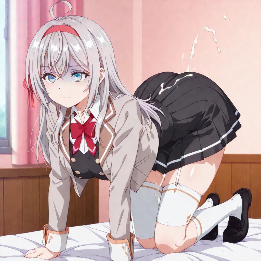 ((nikkeadmi)),nsfw,((solo girl)),((Perfect body,))((Super beautiful,))((High quality,)), ((sweaty,wet all over,Steam,blush,Shiny,))love hotel room,cowboy shot,pov,Looking at Viewer,small breast,half open eyes,spread legs,squatting and straddling,(Show off your crotch by opening your crotch in a crouching posture,)((Turning your back to me, sticking out your butt,))(((She turns around with her back to me, sticking out her butt,from back view,Directly behind,)))(((sleeveless white blouse,very short Pleated skirts that are too short and expose underwear,thigh-high socks,high leg sexual white underwear,))),(from below,)((Focus butt)),(lovejuice dropping crotch,)turning around with my back turned,face seen from the side,arms behind head,