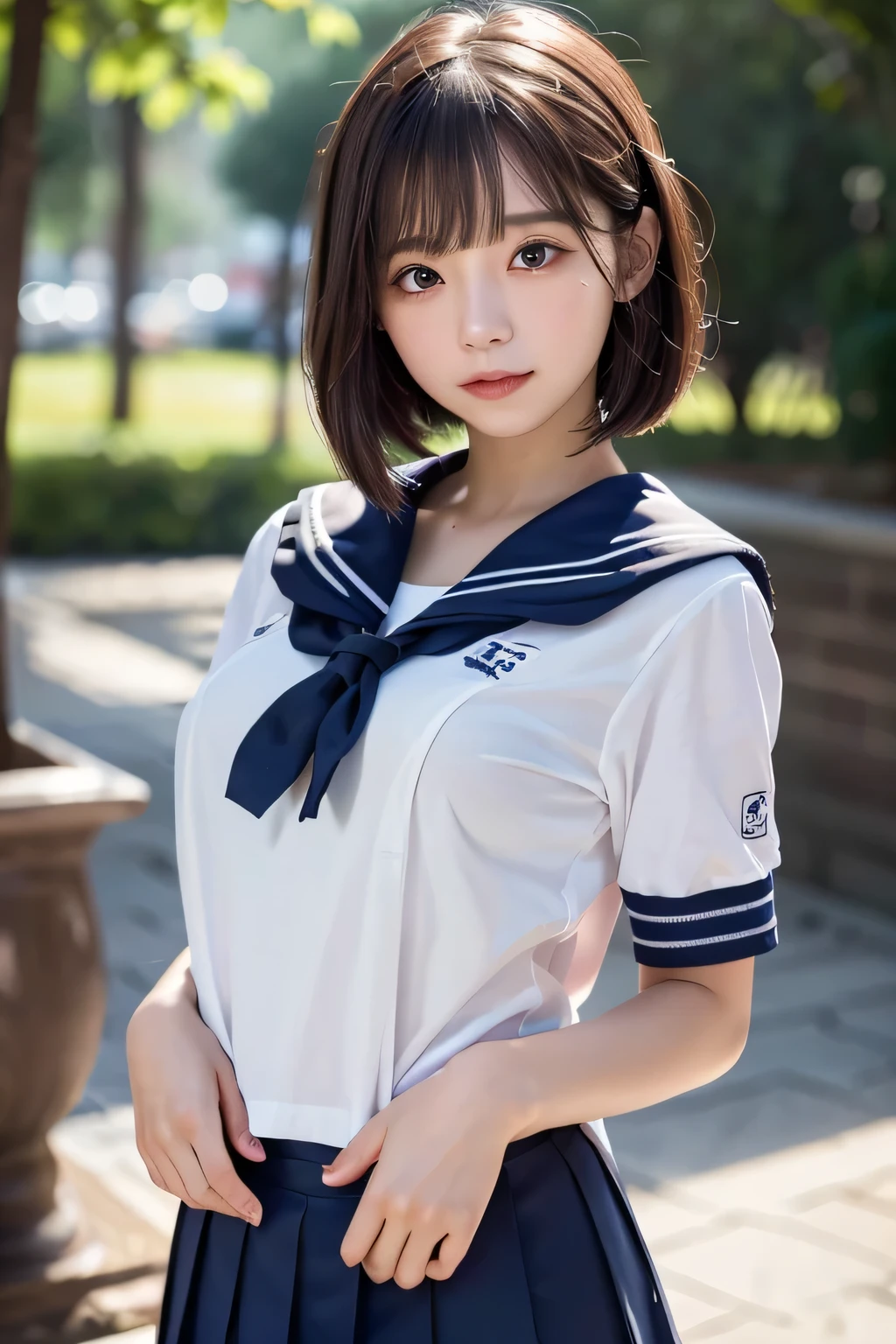 (masterpiece, highest quality:1.2), 8k, official art, RAW photo, incredibly absurd, ( sailor suit, serafuku:1.4), amazing beautiful girl, amazingly cute face, (navy pleated skirt:1.1), close, school uniform, short sleeve, gardenia, violaces, teen, street, looking at the viewer with a smile, no makeup, film grain, chromatic aberration, sharp focus, face light, dynamic lighting, cinematic lighting, detailed eyes and face,short hair、(((white skin without moles)))、 background bokeh、super slim thighs、((Sexy Lace Panties are showing through、beautiful pussy line))、twin tails:1.2,((((A very young looking girl:1.3))))、(very young  with big breasts:1.2)