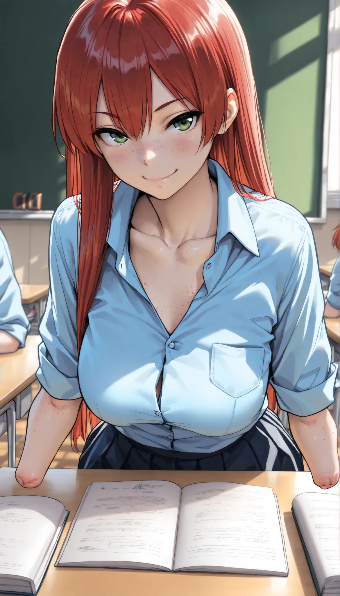 beautiful girl dressed in blue shirt with rolled sleeves and skirt studying in the shiny classroom, girl, cute, sassy, smile, green eyes, (freckles), redhead, ((long straight red hair)), ((light blue button down shirt)), (((rolled up sleeves))), ((elbows)), (amputee), (((arm stumps))), (((collarbone))), big chest, (chest pocket), classroom, masterpiece, best quality, amazing quality, realistic, hyper-detailed, desk, studying, big breasts,