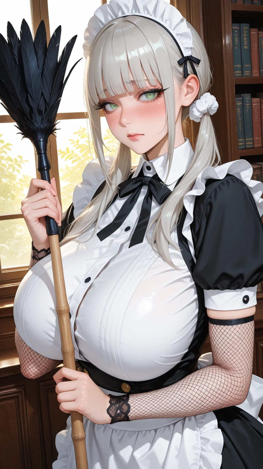 masutepiece, Best Quality, ultla detailed, Realistic, hight resolution, 8K, 1 woman, mature woman, milf, Long hair, Forehead, Ponytail, platinum blonde, Large breasts, saggy breasts, cleavage, Painter's Atelier, Painter's apron, artwork on the easel, Insertion (Insertion breast pattypan large brush between breasts), INSERTION BREAST