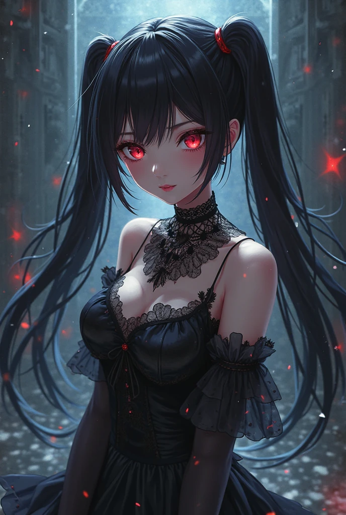 1 girl,Depp's Sense,confused,catch light,Super beautiful illustration,water magic,((black color,long hairstyles:1.3)),dark dark eyeshadow,bright red lipstick,Gothic Lolita,;d,beautiful and delicate hair,(((delicate and detailed red eyes))),light blue light effect,Aura of water